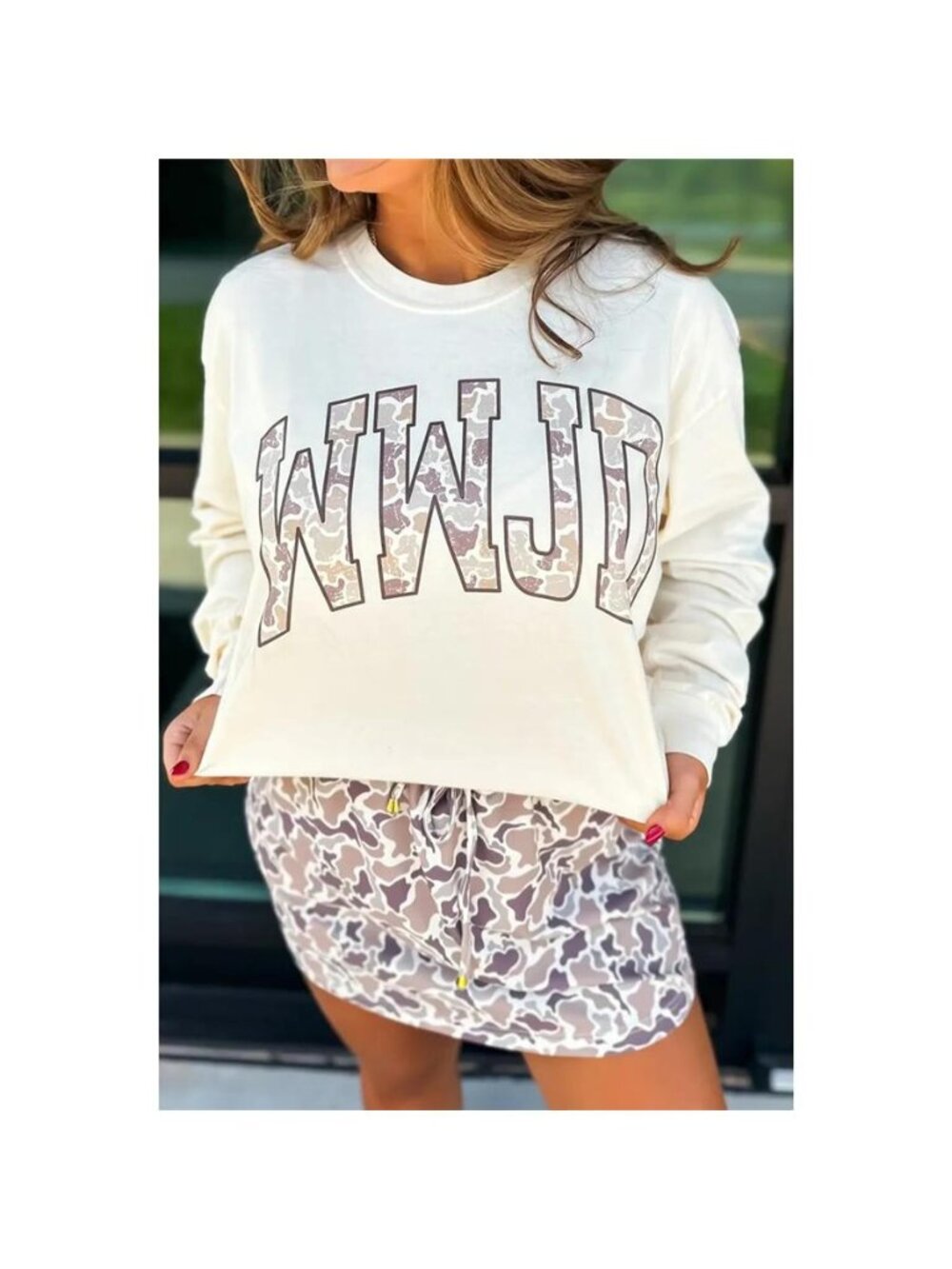 WWJD Camo Letter Printed Long Sleeve Top